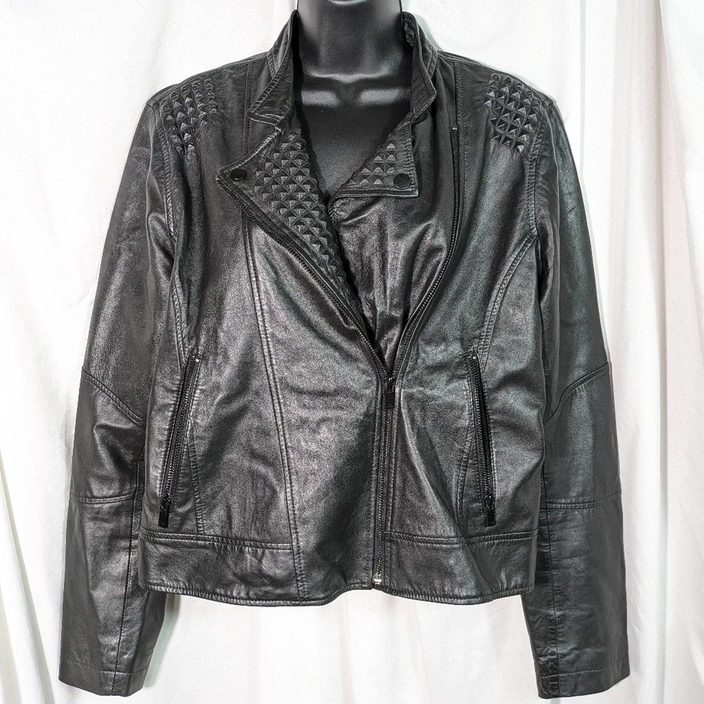 Slate and‎ Willow Women's Black Leather Jacket Textured Moto Chic Sz L